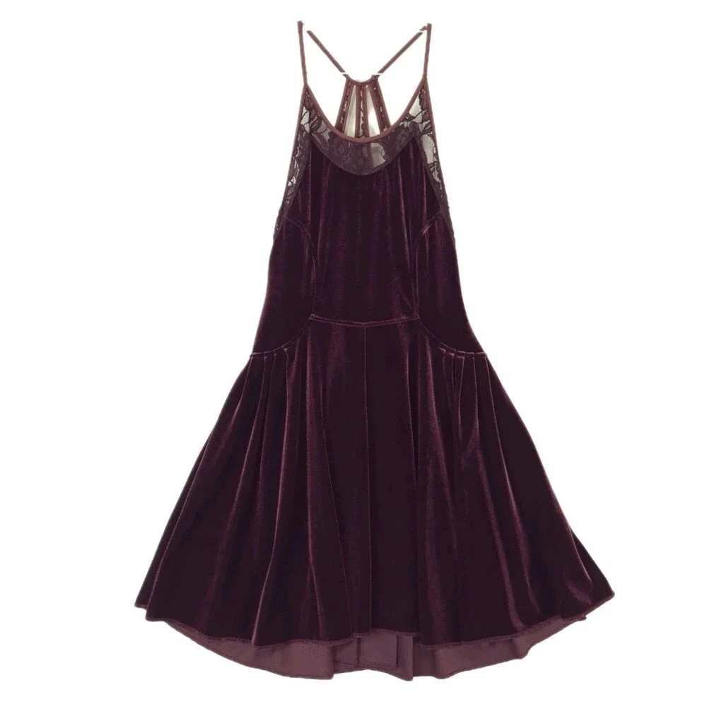 Free People Velvet Mini Dress Womens XS Cami Slip Dress Burgundy Red Floral Lace